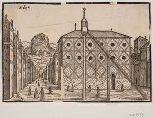 Ulice, v popředí mešita a samostatně stojící minaret od Melchior Lorck