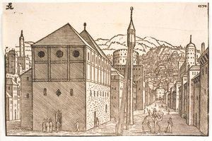 Mešita se samostatně stojícím minaretem s venkovním schodištěm od Melchior Lorck