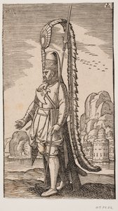 Stojící voják u skalnatého břehu, za vodou město; jeho čelenku zdobí extrémně dlouhý chochol od Melchior Lorck