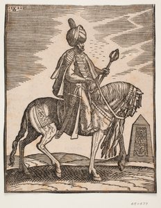 Jezdec v turbanu s mečem u pravého boku a válečným kyjem v levé ruce, profil vpravo; v pozadí obelisk od Melchior Lorck