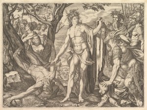 Apollo a Marsyas a Midasův soud: vpravo Midas s ušima osla resti..., 1581.