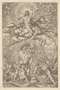 Vzkříšení Krista, obklopené aureolou a mraky s liniemi okřídlených putti do..., 1577.