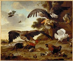 Orli útočí na kuřata... od Melchior de (manner of) Hondecoeter