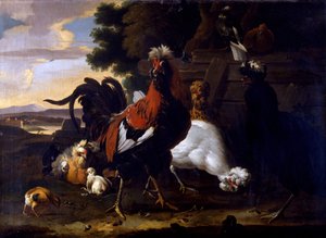 Kohout, slepice a kuřata u plotu v zalesněné krajině od Melchior de Hondecoeter