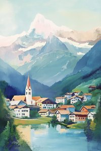 Alpská vesnice u jezera