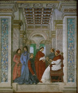 Papež Sixtus IV Rovere a Bartolommeo Platina od Melozzo da Forli