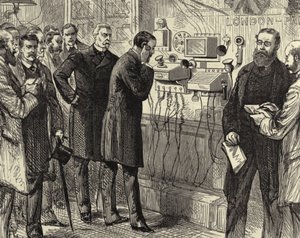 Otevření anglo-anglické telefonní linky. První telefonický rozhovor mezi Londýnem a Paříží na londýnské všeobecné poště. Na londýnské straně byly použity Bellovy přístroje. Dřevoryt Paříž 28. března 1891. Rytina. od Melton (after) Prior