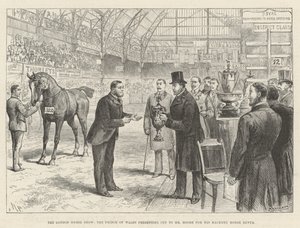 London Horse Show, princ z Walesu předává pohár panu Mooreovi za jeho Hackney Horse Rufus od Melton Prior