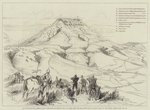 Transvaalská válka, plán náčrtu bitvy o Majuba Hill, při pohledu z kopce nad Mount Prospect Camp