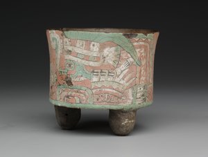 Válcová trojnožka se dvěma postavami v brýlích, c.A.D. 400? 650 (keramika, štuky a barvy) od Mesoamerican Mesoamerican
