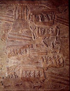 Mezopotámie: námořní scéna představující přepravu dřeva do Libanonu. Detail albastra s nízkým reliéfem z Khorsabad (Khunsabad). Regne ze Sargonu II. 710 před naším letopočtem. Paříž, muzeum Louvre od Mesopotamian Mesopotamian