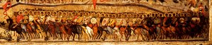 Blessed Be the Host of the King of Heaven Detail: Lower warriors range dirigované Alexandrem Něvským a Saint Georgem, 50. léta 16. století od Metropolitan of Moscow Athanasius
