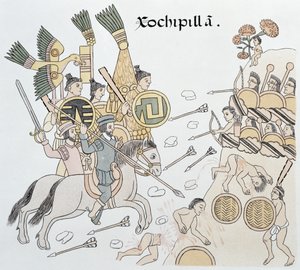 Bitva u Xochipilla mezi Španěly a Aztéky, ilustrace z faksimile obrazové historie mexických indiánů Lienzo de Tlaxcala z roku 1550, 1892