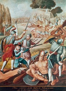 Dobytí Mexika: bitva proti Hernandu Cortesovi (Hernan Cortez) (1485-1547) proti Indiánům z Tabasca v roce 1519"" Obraz mexické školy