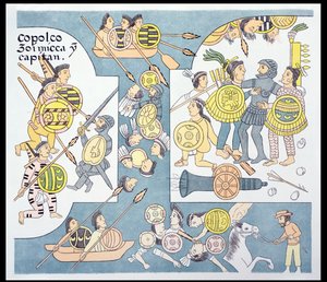 Závěrečná bitva mezi Hernandem Cortesem (1485-1547) a Cuauhtemocem u Tenochtitlánu, srpen 1521, ilustrace z faksimile mexické indiánské obrazové historie Lienzo de Tlaxcala z roku cca 1550, 1892 (kolorováno). od Mexican School