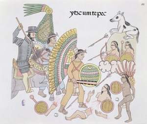 Hernando Cortes (1485-1547), obléhaný v Tenochtitlánu, se rozhoduje opustit město, ilustrace z faksimile mexické indiánské obrazové historie Lienzo de Tlaxcala z roku 1550, 1892 (barevná litografie). od Mexican School