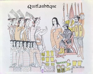 La Malinche (Dona Marina) jako tlumočnice při předávání žen a zlata Montezumou (1466-1520) Hernandu Cortesovi (1485-1547) Ilustrace z faksimile mexického indiánského obrázku.
