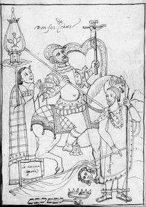 MS Hunter 242 f.246v, Cortes na koni, stojící nad poraženým aztéckým králem Moctezumou, ilustrace z Historia de Tlaxcala od Diega Munoze Camarga od Mexican School