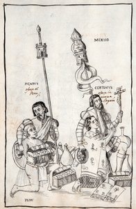MS Hunter 242 f.248v Picarus (Pizarro) představuje Peru a Cortesius (Cortes) Nueva Espana, ilustrace z Historia de Tlaxcala od Diega Munoze Camarga od Mexican School