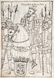 MS Hunter 242 f.249v Philip II sedí na koni, nosí řád Zlatého rouna, obklopený ozbrojenci, ilustrace z Historia de Tlaxcala od Diega Munoze Camarga (pero a inkoust od Mexican School