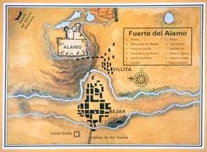 Mapa oblasti Alamo v San Antoniu založená na původní mapě bojiště Santa Anny