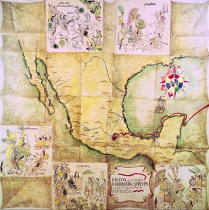 Mapa trasy, kterou sledoval Hernando Cortes (1485-1547) při dobývání Mexika