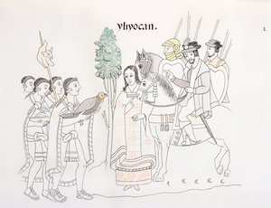 Setkání Hernanda Cortese (1485-1547) a Aztéků, ilustrace z faksimile mexické indiánské obrazové historie Lienzo de Tlaxcala z roku 1550, 1892 od Mexican School