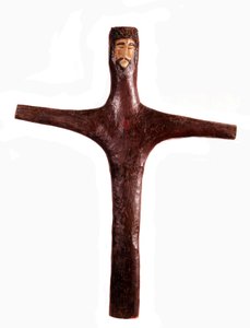 Mexické umění: polychromovaný dřevěný kříž s hlavou Krista vyřezávanou z jednoho kusu. Slunce 17. století. 2x1,56 m Mexiko. Regionální muzeum Michoacan od Mexican School