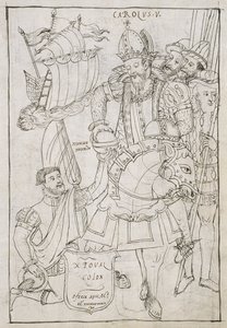 Ms Hunter 242 f.249r Christopher Columbus (1451-1506) Symbolicky nabízí Karlu V. (1500-08) Nový svět z Historia de Tlaxcala od Diega Munoze Camarga od Mexican School