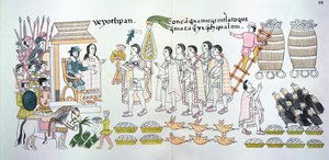 Tlaxcalanský náčelník Maxixcatzin předává kytici růží a další dary Hernandu Cortesovi (1485-1547) na uvítanou, ilustrace z faksimile obrazové historie mexických Indiánů od Mexican School