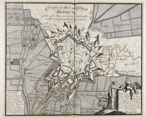 Půdorys města a pevnosti Bethune, kterou od 14. července 1710 obléhali vrchní spojenci. Iul. vrchními spojenci a dobyta 30. srpna. Aug. s Accordem dobyto / Engineer Meyer ad vivum delineavit. od Meyer