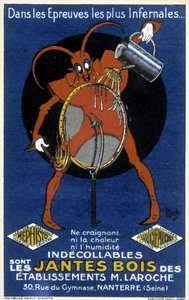 Červený ďábel před kolem kola ilustrující reklamu na dřevěné ráfky podniků Laroche (Nanterre) (rytina)