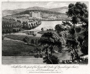 South East Prospect of his Grace the Duke of Queensberrys sídlo v Drumlanrig, Skotsko, 1775 od Michael Angelo Rooker