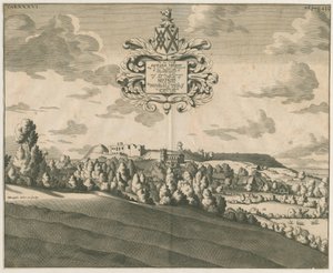 Hrad Tutbury – pohled do dálky: mědirytina, nd [c 1686] od Michael Burghers