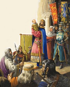 Král Eduard I. (1239-1307) představuje svého malého syna (kvaš na papíře)