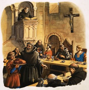 Novicové podávající jídlo v refektáři