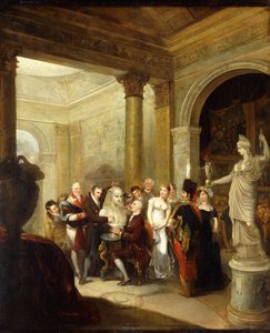 Interiér Capriccia se skupinou dam a pánů zkoumajících Bustu Antinoa, s Nadějí Athénou a Obrazovou galerií za nimi vpravo; klenutý salon vlevo, 1811