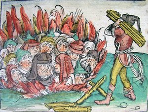 Upálení Židů v Deggendorfu v roce 1338 podle Schedelsovy kroniky světa, 1493.