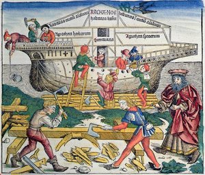 Stavba Noemovy archy, z Norimberské kroniky od Hartmanna Schedela, 1493 (barevný dřevoryt)