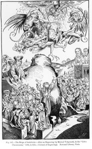 The Reign of Antikrist, z Liber Chronicarum, vydané v roce 1493, ilustrace z, Věda a literatura ve středověku a renesanci, napsal a vyryl Paul Lacroix, 1878 (rytina