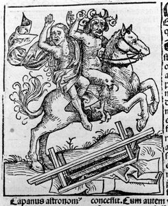 Ďábel a čarodějnice jdoucí na sabat od Hartmanna Schedela Liber chronicarum Norimberk 1493