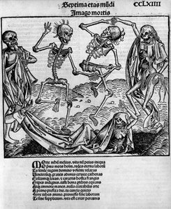 Scéna děsivého tance, s kostrami, -v „“ Kronikách Norimberku““ od Hartmanna Schedela (1440-1514), editoval v Norimberku Anton Koberger, 12. července od Michael and Pleydenwurff W. (d.1494) Wolgemuth