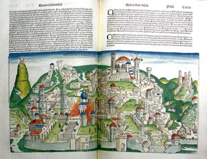 Vzbouřené město Jeruzalém zničené císařem Titem, z Norimberské kroniky od Hartmanna Schedela (1440-1514) vytištěné v roce 1493