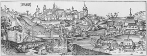 Pohled na Prahu, ilustrace z knihy "Liber Chronicarum" od Hartmanna Schedela (1440-1514) vydané v Norimberku, 1493.