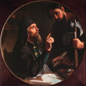 Higoumene (hegoumene) Vavřínu Nejsvětější Trojice (Trojice-Svatý-Serge) Dionysius Zobninovsky představuje církevní akt (Hegumen lávry Dionysius Zobninovsky představuje církevní akt) - Obraz Michaila Ivanoviče (18). od Michail Ivanovich Skotti