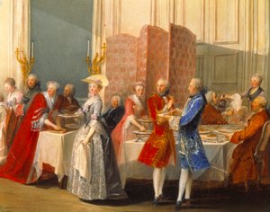 Bufet s hosty vedle obrazovky. Detail "" Le The a l" Angličan sloužil v Salon des Quatre-Glaces