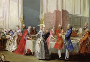 Anglický čaj v Salon des Quatre Glaces v Domě prince de Conti (1717-76) Palais du Temple, detail hostů, 1766