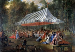 Slavnost pořádaná Louisem Francoisem Josephem de Bourbon, princem z Conti, dědičnému princi Charlesi Guillaume Ferdinandovi Brunswick Luebourg (1735-1806), pod stanem, v lese Cassan, na Isle Adam v roce 1766 Banket v parku. Obraz Michel Ba