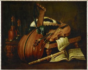Loutna, housle, flétna, notový zápis a třírohý klobouk... od Michel Boyer