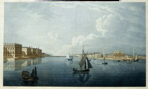 Burza cenných papírů a Mramorový palác v Petrohradě. Popis břehů Něvy. Dílo Michela Francoise Damama Demartraita (1763-1827), litografie, prostředí